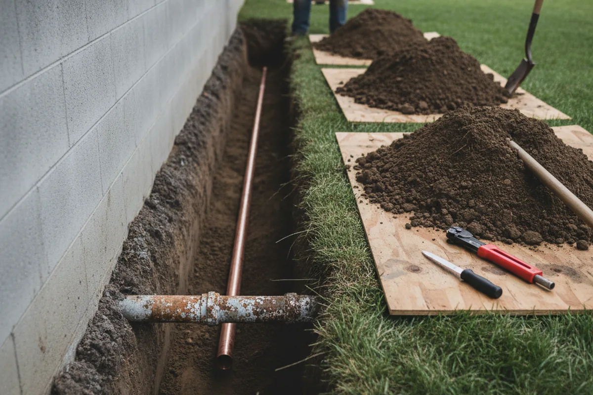 Excavated water line trench during Sewer Line Repair in El Sobrante